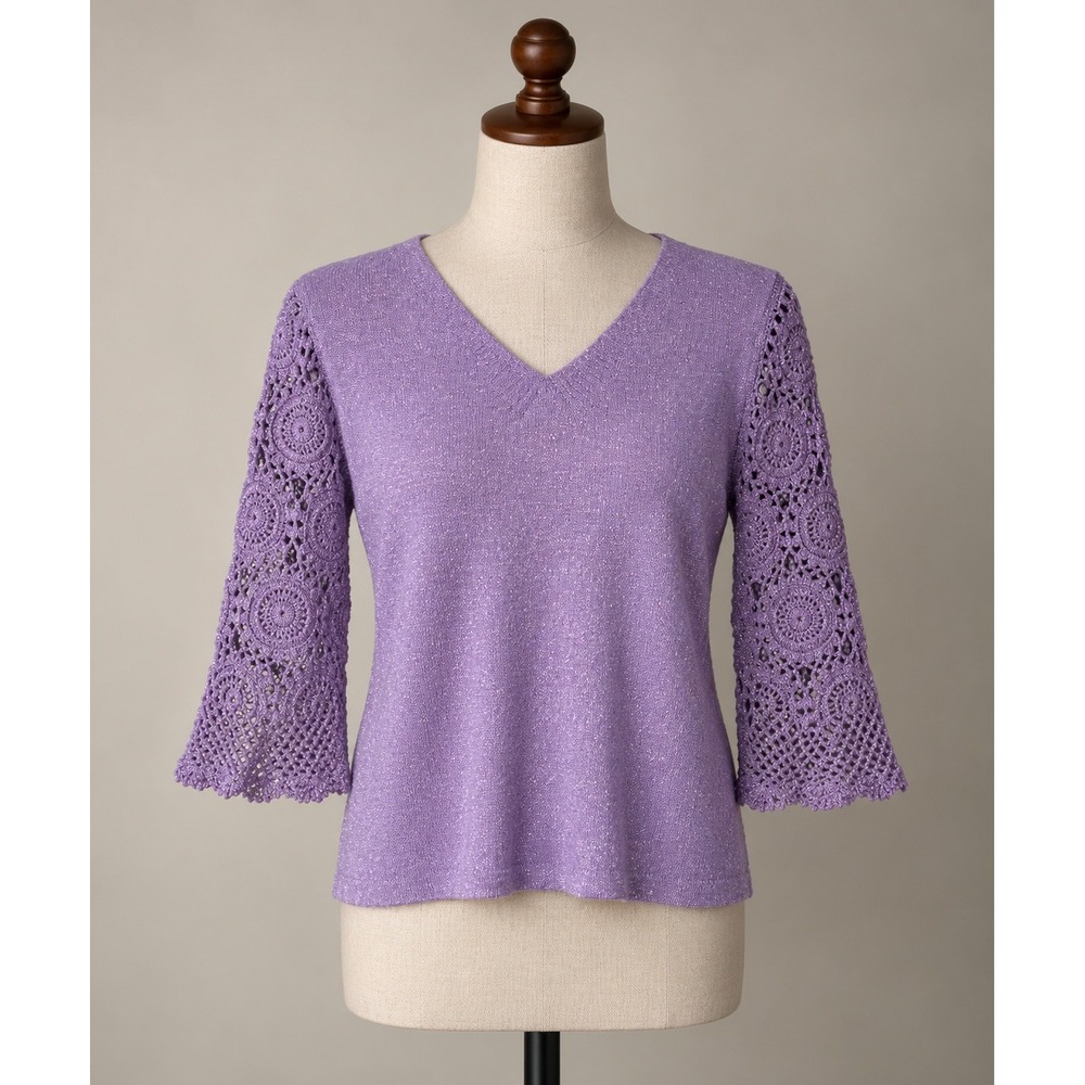 VTG 00's Y2K Joseph A Lavender Knit Top Crochet Lace Bell Sleeve V Neck Coquette